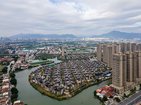 Aerial view of modern urban villas in the lake