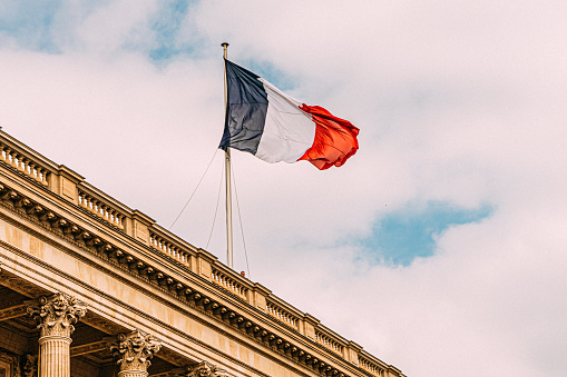 French Flag flying on an Overcast Day in the Summer with Copy Space