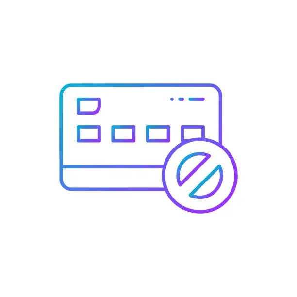 Vector illustration of No credit card payment, payment only in cash, bank deposit ban gradient lineal icon. Shopping, online banking, finance symbol design.