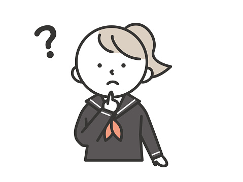 A female student with a questioning expression looking at the question mark on her head.
Simple style illustrations with outlines. A female student wearing a sailor suit.