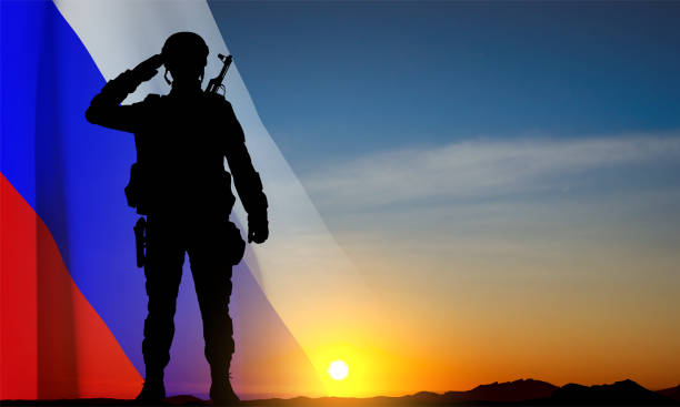 istock Silhouette of Russian soldier on background of sunset 1470112929