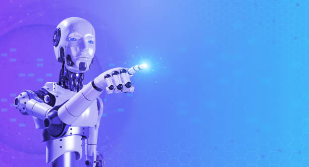 istock 3d rendering robot touching finger with glowing futuristic shine light on modern digital element background with copy space, cyberpunk style. Ai robotic, artificial intelligence human cyborg machine. 1470114507
