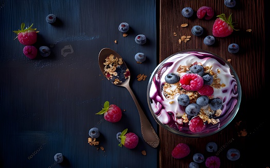 yogurt in a wooden bowl healthy food On dark wooden table and mint leaves, top view