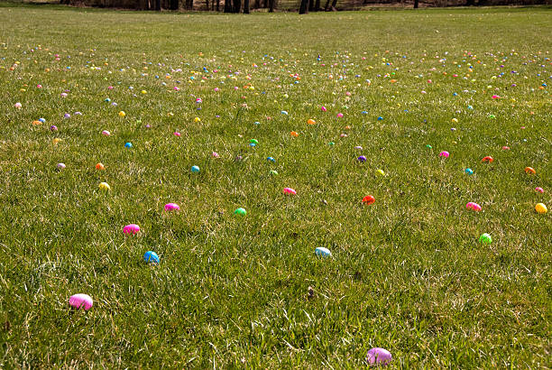 Grassy field strewn with colorful easter eggs stock photo