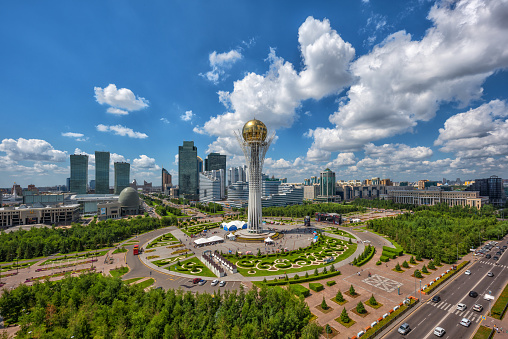 The central part of the capital of Kazakhstan - the city of Astana on a cloudy summer day