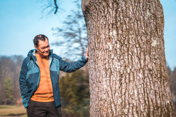 istock Senior Asian Male Admiring A Tree And Touching It While Walking In A Public Park 1470122364