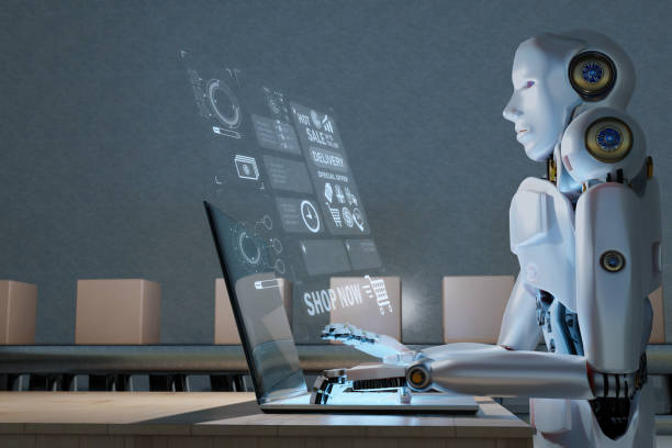 istock Robot working 24hr business laptop AI UI interface Object manufacturing industry technology Product export and import future Robot cyber in the warehouse Arm mechanical control future data technology 1470122543