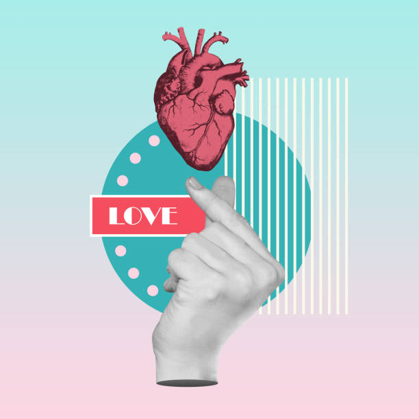 collage mano sosteniendo el corazón. la mano de la mujer representa un gesto de k-heart. declaración de amor. dibujo del órgano del corazón - k pop fotografías e imágenes de stock