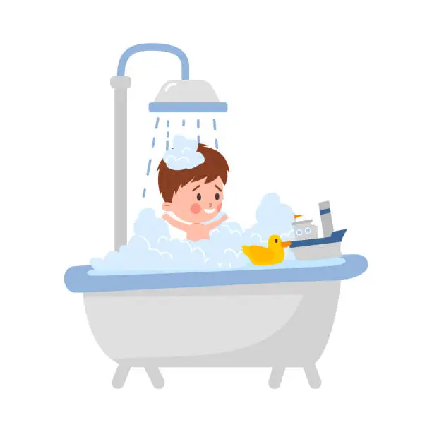 Vector illustration of Kid boy takes a bath and plays with toys, flat vector illustration isolated.