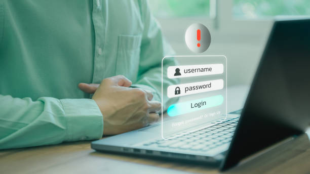 istock Man typing login and password, cyber security concept, Secure encryption and access to the user's private information to access the Internet. Exclamation mark. 1470130635