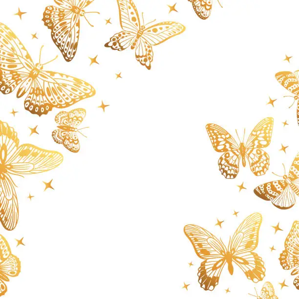 Vector illustration of Cartoon golden butterflies cover. Gorgeous shiny butterfly background, golden butterfly flock, gorgeous exotic moths flat vector backdrop illustration