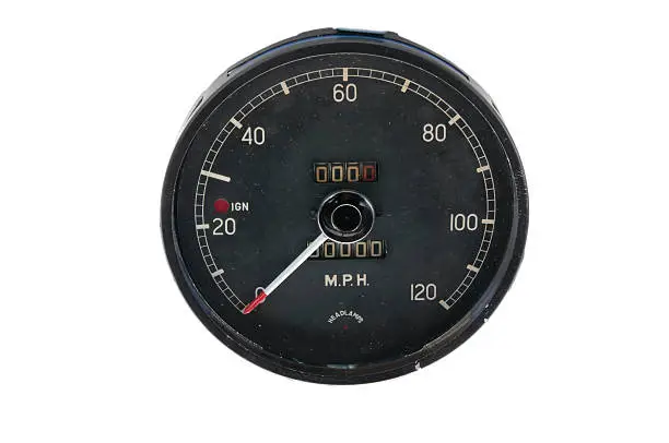 Black old speedometer detached from an ancient british racing car.