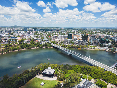 Drone view of Kangaroo Point and suburb of South Brisbane, Brisbane, Australia
