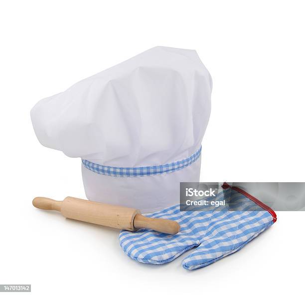 Chapéu De Chef Rolo Da Massa E Luva - Fotografias de stock e mais imagens de Chapéu de Cozinheiro - Chapéu de Cozinheiro, Fundo Branco, Azul