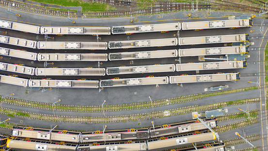 Top down drone view of railway yards and railway infrastructure