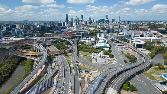 Drone view of road network and traffic interchange, Brisbane, Australia