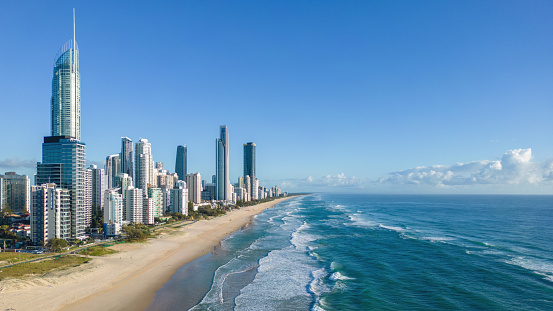 Early morning drone view of the Gold Coast skyline, Queensland, Australia