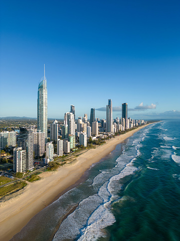 Early morning drone view of the Gold Coast skyline, Queensland, Australia