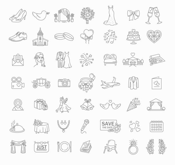 sammlung von schönen dünnen linienstil vektor hochzeit icons - seth stock-grafiken, -clipart, -cartoons und -symbole