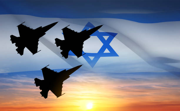 Aeronave militar no fundo do pôr-do-sol e bandeira de Israel - ilustração de arte em vetor