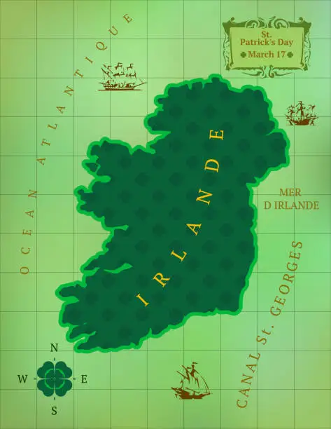 Vector illustration of St. Patrick's Day Ireland map in flat style for print and design.Vector illustration.