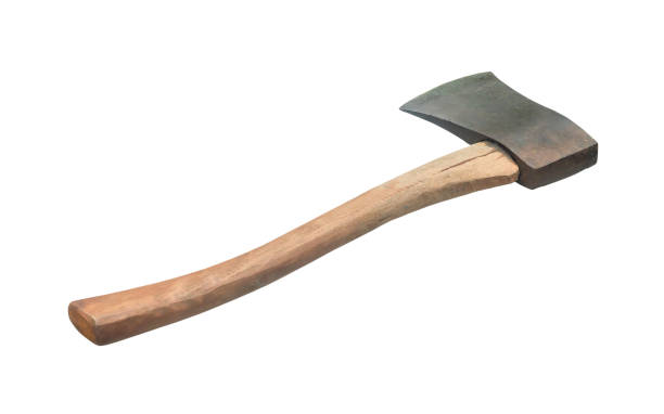 istock Old rust dirty dark gray axe with brown wooden handle isolated on white background with clipping path 1470134961