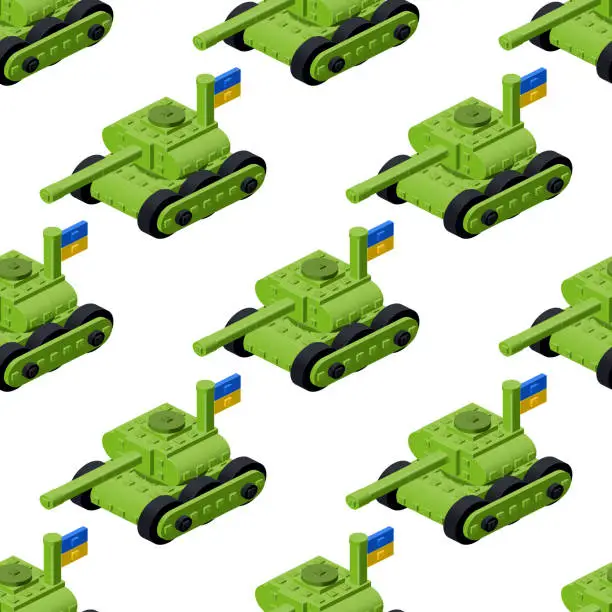 Vector illustration of Pattern of green tanks with the flag of Ukraine. Vector clipart
