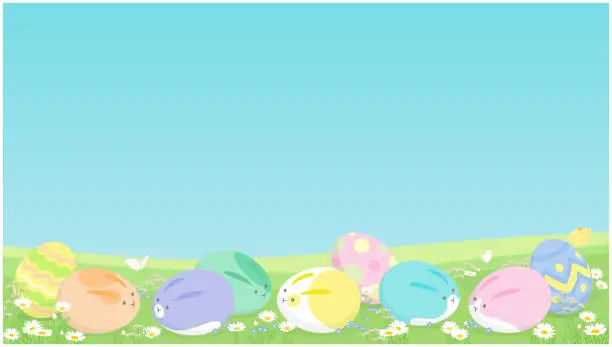 Vector illustration of Easter background with copy space. Vector illustration of eggs with cute rabbit face and bunny ears on spring flower grass field.