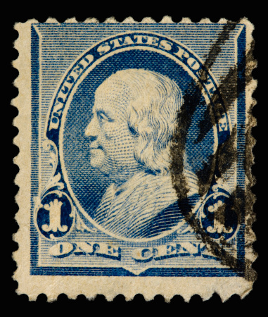 A 1890 issued 1 cent United States postage stamp showing Benjamin Franklin.