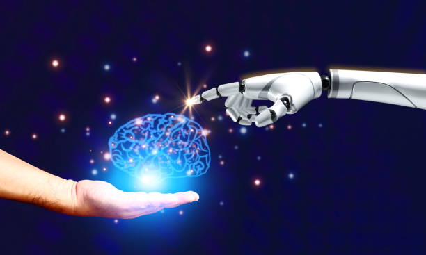 istock illustration brain on human hand with 3D robotic hand . AI  enhances and replaces complex workflows, technology concept 1470138500