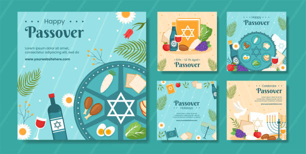 행복한 유월절 유대인 휴일 소셜 미디어 게시물 평면 만화 손으로 그린 템플릿 그림 - seder plate stock illustrations