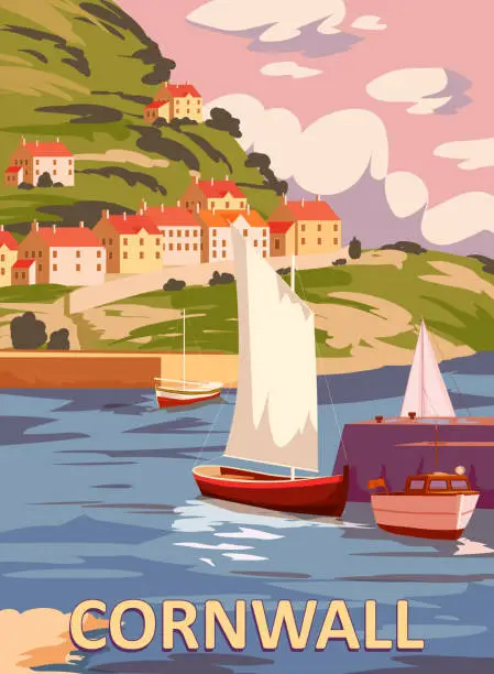 Vector illustration of Cornwall Vintage Poster, South West England, United Kingdom. Travel poster coast, buikdings, sailboats. Vector illustration