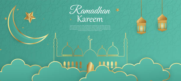 islamic mosque with moon, stars, lanterns and clouds at night. ramadan kareem greeting banner template vector - salah stock illustrations