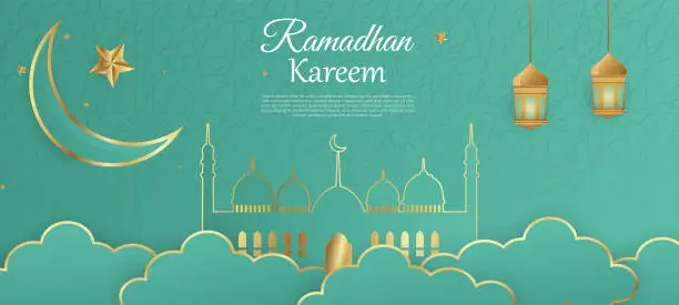 Vector illustration of Islamic mosque with moon, stars, lanterns and clouds at night. Ramadan kareem greeting banner template vector