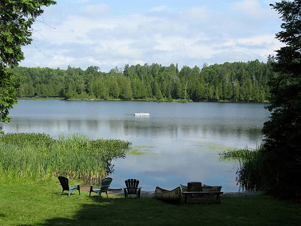 istock canoe and chairs by mountain lake 147014066
