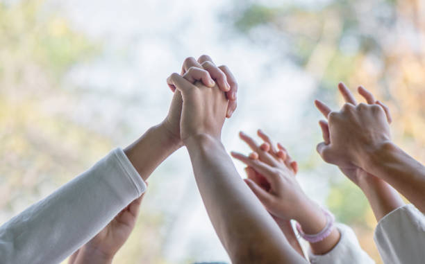 istock Teamwork team together hands air greeting power tag team. Group of people. Collaboration Business Team success concept. 1470140874