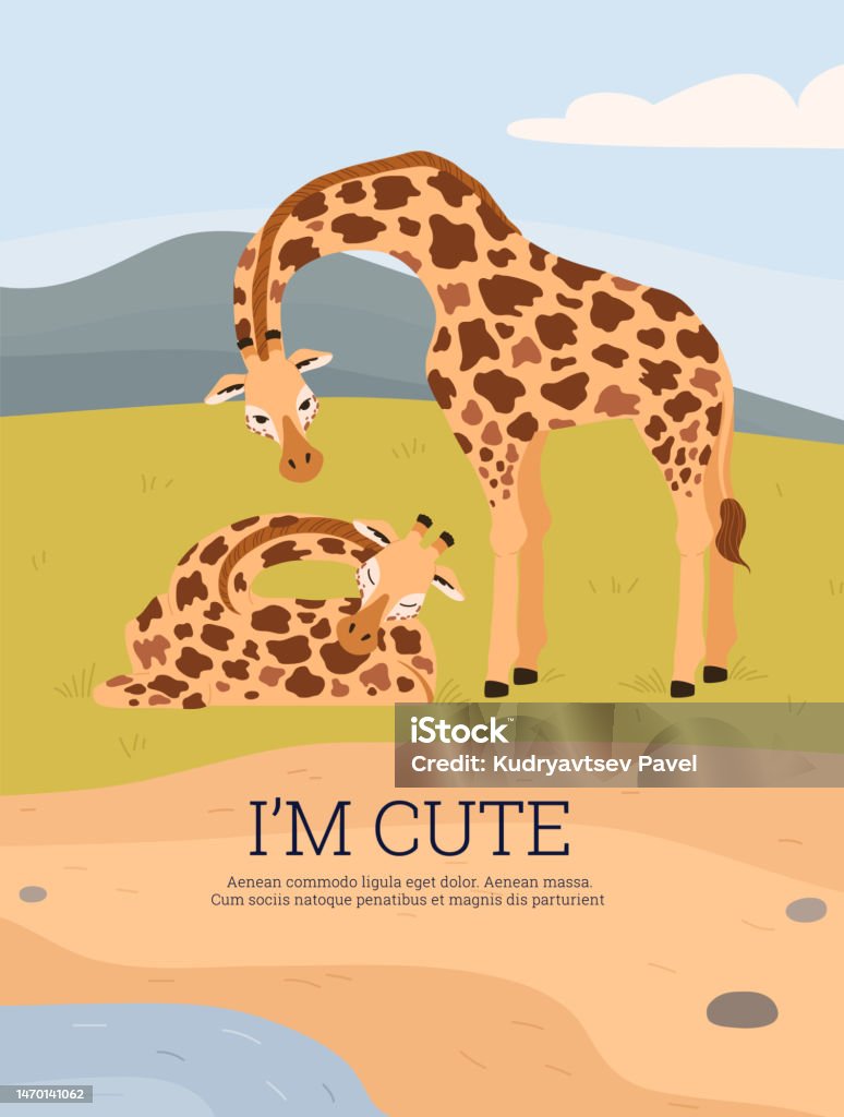 Cute Giraffes Mother And Baby In Greeting Card Template Flat Vector