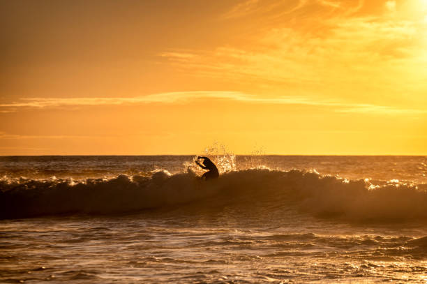 istock Surfer riding a wave with gorgeous sunset in background 1470141223