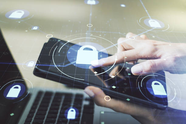 istock Creative lock sketch with chip hologram and hand working with a digital tablet on background, protection of personal data concept. Multiexposure 1470141295