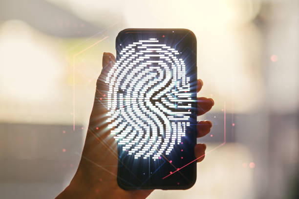 istock Double exposure of abstract creative fingerprint hologram and hand with cellphone on background, protection of personal information concept 1470141307
