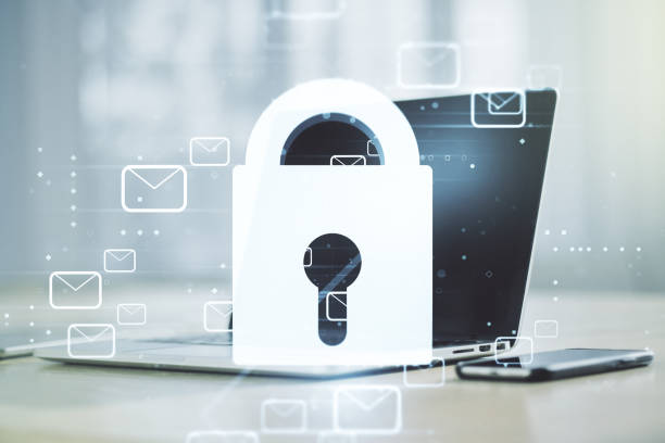 istock Creative lock sketch with email symbols hologram on modern laptop background, protection of personal data concept. Multiexposure 1470141308