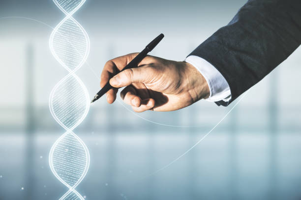 istock Man hand with pen working with virtual DNA symbol illustration on blurred interior background. Genome research concept. Multiexposure 1470141313