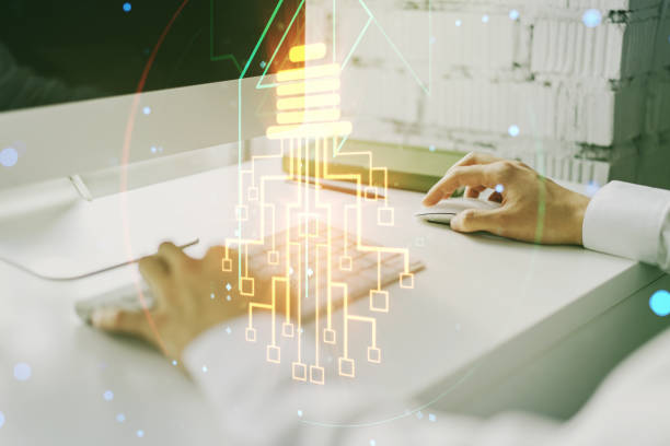 istock Creative idea concept with light bulb and microcircuit illustration and hands typing on laptop on background. Neural networks and machine learning concept. Multiexposure 1470141333