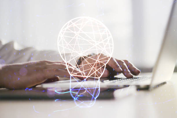 istock Double exposure of creative light bulb hologram with hands typing on laptop on background, research and development concept 1470141343