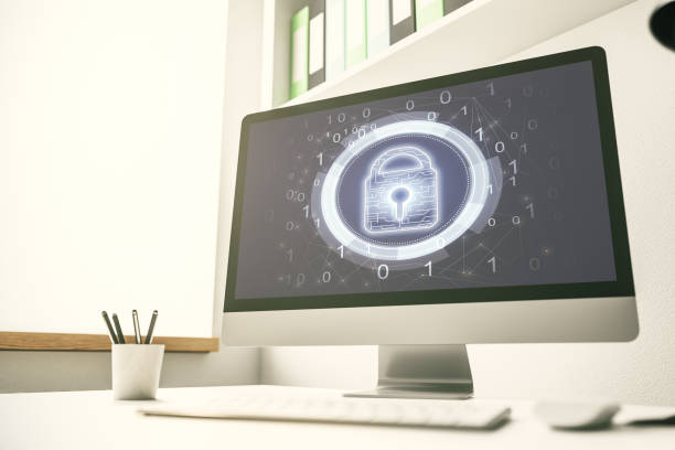 istock Computer monitor with creative light lock illustration and microcircuit, cyber security concept. 3D Rendering 1470141360