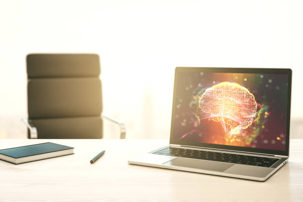 istock Creative artificial Intelligence concept with human brain sketch on modern laptop monitor. 3D Rendering 1470141362