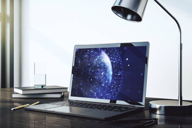 istock Computer monitor with abstract creative digital world map, globalization concept. 3D Rendering 1470141414