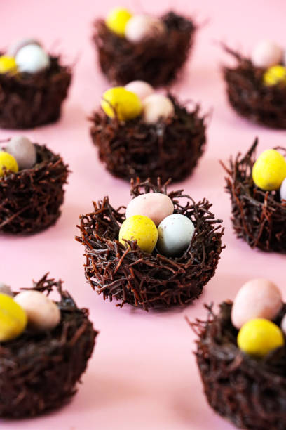 istock Image of chocolate Easter eggs decorating chocolate bird nest cakes on pink surface, focus on foreground 1470142274