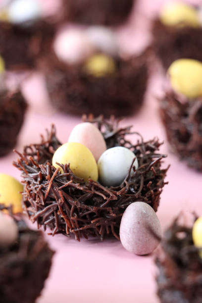 istock Close-up image of chocolate Easter eggs decorating chocolate bird nest cakes on pink surface, focus on foreground 1470142275