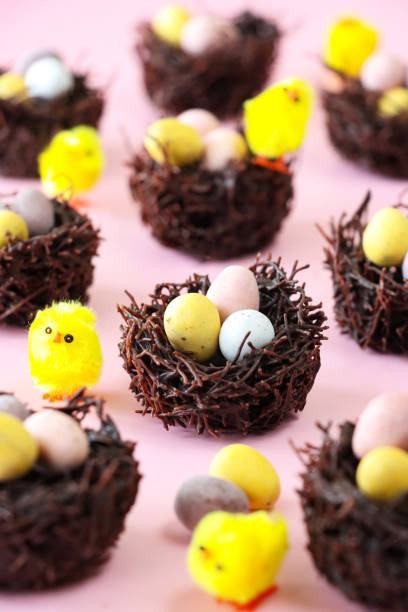 istock Close-up image of fluffy yellow chick toys and chocolate Easter eggs decorating chocolate bird nest cakes on pink surface, focus on foreground 1470142278